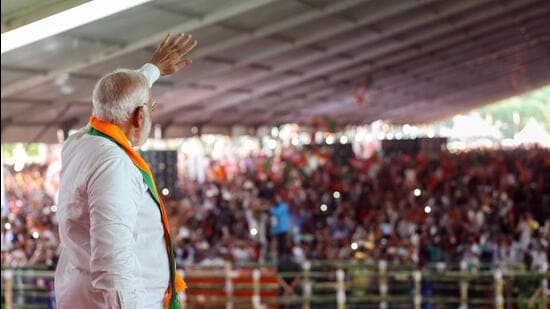 Prime Minister Narendra Modi during a public meeting in Kendrapara, Odisha on Wednesday. (BJP Photo)