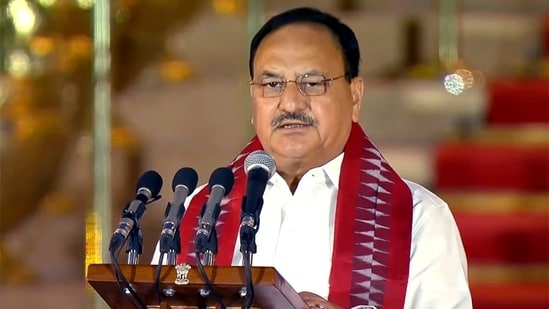 Bharatiya Janata Party (BJP) leader J. P. Nadda takes oath as the Cabinet Minister during the swearing-in ceremony, at Rashtrapati Bhavan, in New Delhi on Sunday. (ANI)