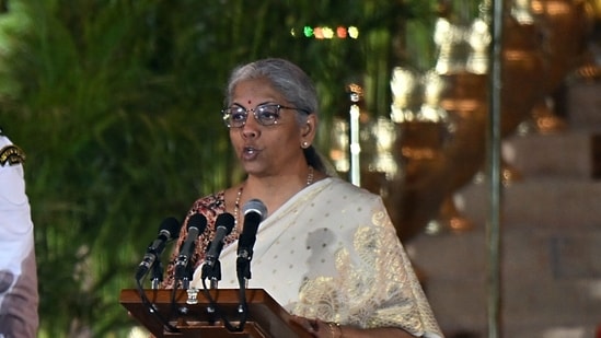 Nirmala Sitharaman, senior leader of the Bharatiya Janata Party (BJP), takes the oath of office during a swearing-in ceremony at the Rashtrapati Bhawan in New Delhi, India, on Sunday, June 9, 2024. (Bloomberg)