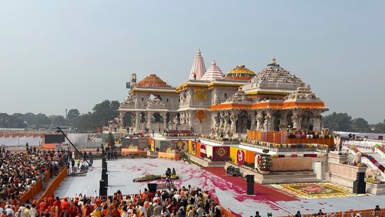 A general view of the audience during the opening of the Ram Temple in Ayodhya on January 22.(AP)