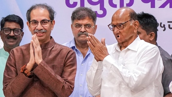 Mumbai: NCP chief Sharad Pawar and Shiv Sena (UBT) chief Uddhav Thackeray during a joint press conference on June 15.(PTI)