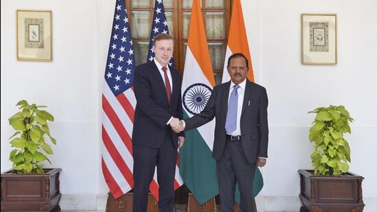 National Security Adviser Ajit Doval with his US counterpart Jake Sullivan in Delhi on Monday. (PTI)