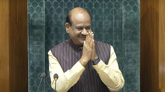  Om Birla after he was elected as the Speaker of the House during the first session of the 18th Lok Sabha(PTI)