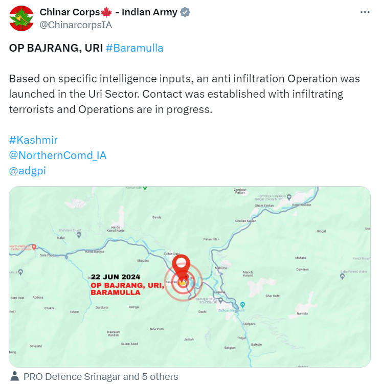 भारतीय सेना के चिनार कॉर्प्स ने उरी सेक्टर में आतंकी घुसपैठ की लोकेशन शेयर की है।