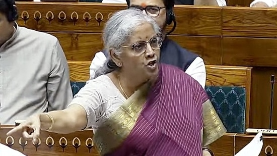 Union Minister of Finance and Corporate Affairs Nirmala Sitharaman speaks in the Lok Sabha during the Monsoon Session of Parliament, in New Delhi on Tuesday. (ANI Photo/SansadTV)(SansadTV)