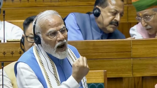 Prime Minister Narendra Modi replies to the Motion of Thanks on the President's Address in the Lok Sabha.(PTI)