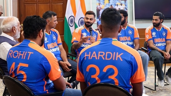 New Delhi, Jul 04 (ANI): Prime Minister Narendra Modi interacts with the ICC Mens T20 World Cup winning team on their arrival in India, at his residence 7, LKM in New Delhi(Narendra Modi Website)