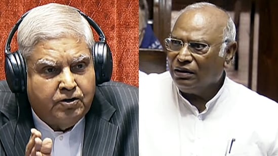 Rajya Sabha chairperson Jagdeep Dhankhar and Leader of Opposition in RS Mallikarjun Kharge.