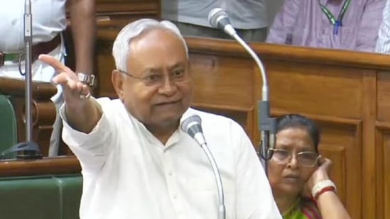 Patna-July.24,2024-Bihar Chief Minister Nitish Kumar addressing during Monsoon Session inside Bihar Assembly in Patna, Bihar, India, Wednesday,24, 2024.(Photo by / Hindustan Times)