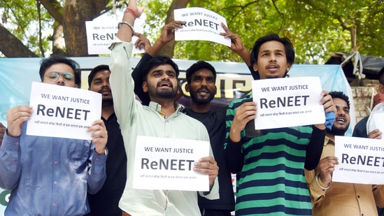 NEET aspirants protest against the alleged irregularities in the NEET-UG examination at Jantar Mantar, in New Delhi on Wednesday. (ANI Photo/Ritik Jain) (Ritik Jain)