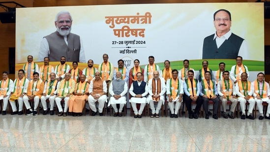 PM Narendra Modi with Union home minister Amit Shah and others during a meeting with CMs and deputy CMs of BJP-ruled states at party headquarters in New Delhi on Sunday. (Hindustan Times) PM Narendra Modi with Union home minister Amit Shah and others during a meeting with CMs and deputy CMs of BJP-ruled states at party headquarters in New Delhi on Sunday. (Hindustan Times)