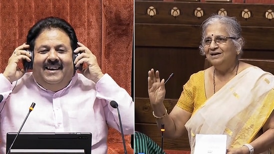 Congress MP Rajeev Shukla reacts as Rajya Sabha MP Sudha Murty speaks in the House during the Parliament session in New Delhi on July 2, 2024. (PTI)