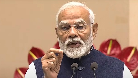 Prime Minister Narendra Modi speaks during CII post budget conference in New Delhi on Tuesday. (PTI Photo)