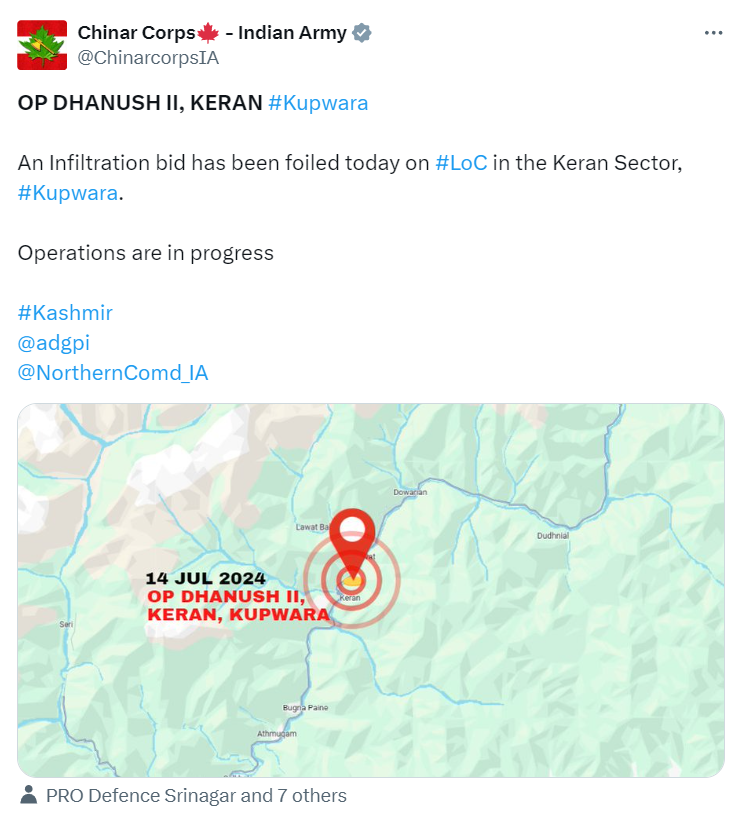 भारतीय सेना के चिनार कॉर्प्स ने कुपवाड़ा में आतंकी घुसपैठ की लोकेशन शेयर की है।