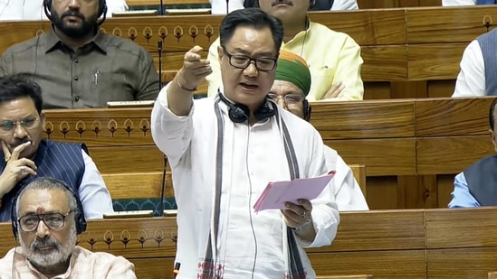 Union Minister Kiren Rijiju speaks in the Lok Sabha during the Monsoon session of Parliament, in New Delhi, Thursday, Aug. 8, 2024.(PTI) Union Minister Kiren Rijiju speaks in the Lok Sabha during the Monsoon session of Parliament, in New Delhi, Thursday, Aug. 8, 2024.(PTI)