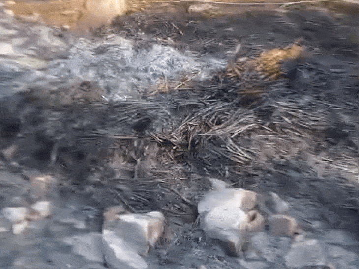 रात को हुई आगजनी के बाद कच्चे ढर राख का ढेर बन चुके हैं।