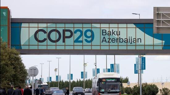 Traffic near the venue of the COP29 climate conference in Baku, Azerbaijan, on Thursday. (Bloomberg)