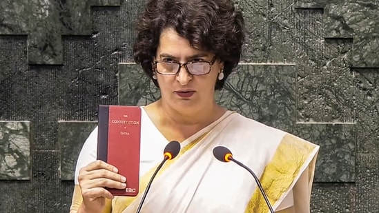 Congress leader Priyanka Gandhi Vadra takes oath as a Member of Parliament in the Lok Sabha during the Winter session of Parliament, in New Delhi, Thursday, Nov. 28, 2024.(PTI)