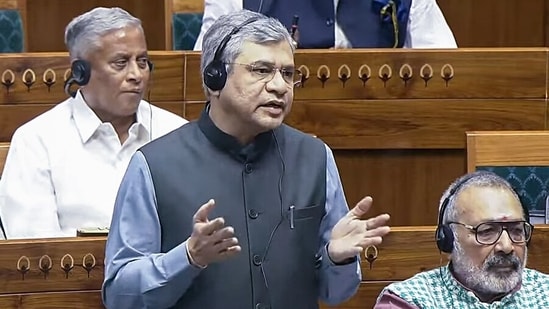 Union Railway Minister Ashwini Vaishnaw speaks in the Lok Sabha during the Winter Session of Parliament, in New Delhi on Wednesday.(SansadTV/ ANI)