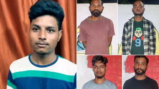 This combo image shows shooter Shivkumar (L) with (Top, L-R) Anurag Kashyap, Akash Srivastava, (Bottom, L-R) Gyan Prakash Tripathi and Akhilendra Pratap Singh after being arrested in connection in NCP leader Baba Siddique murder case. (PTI Photo) (PTI)