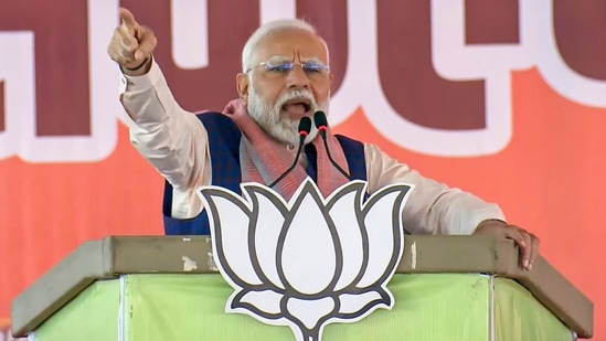 Prime Minister Narendra Modi addresses an election rally for the upcoming Maharashtra assembly elections in Akola district on Saturday, (PTI)