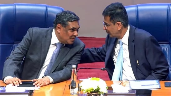 Latest news on November 9, 2024: Chief Justice-designate Justice Sanjiv Khanna and outgoing Chief Justice of India (CJI) DY Chandrachud in conversation during the latter's farewell ceremony in New Delhi on Friday.
Latest news on November 9, 2024: Chief Justice-designate Justice Sanjiv Khanna and outgoing Chief Justice of India (CJI) DY Chandrachud in conversation during the latter's farewell ceremony in New Delhi on Friday.