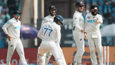 New Zealand players celebrate the dismissal of Shubman Gill in the Mumbai Test (PTI Photo) 'India ka batting coach hai kaun?' - Basit Ali blasts India's white-ball thinking in Tests