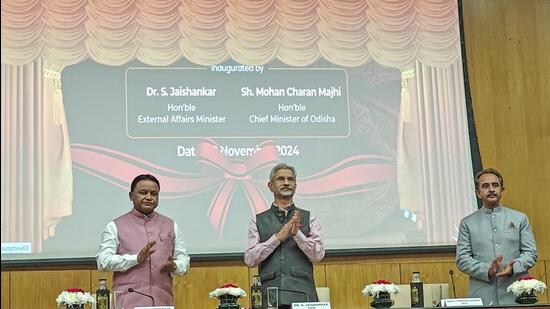 External affairs minister S Jaishankar with Odisha chief minister Mohan Charan Majhi and MoS for external affairs Kirti Vardhan Singh at the launch of the Pravasi Bharatiya Divas website in New Delhi on November 12 (PTI)