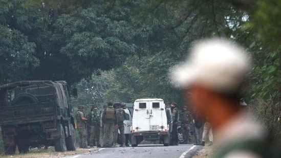 Army jawans near the site of an encounter between security forces and terrorists. (PTI photo) Army jawans near the site of an encounter between security forces and terrorists. (PTI photo)