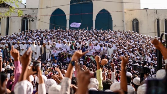 Hefazat-e-Islam supporters stage a protest after Friday prayers at Baitul Mukarram National Mosque, demanding an immediate ban on International Society for Krishna Consciousness (ISKCON) in Dhaka, Bangladesh, on November 29.(AP)