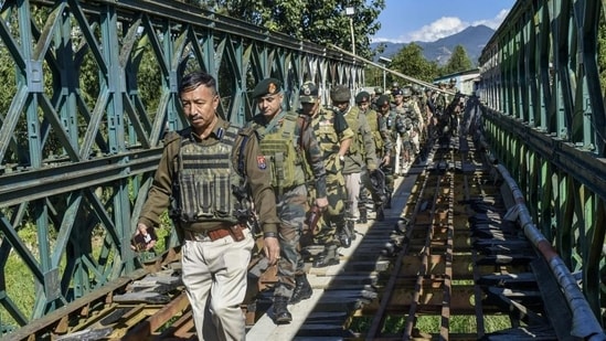 The Assam Rifles officers at Lailophai in Churachandpur district of the violence-hit Manipur. (PTI)