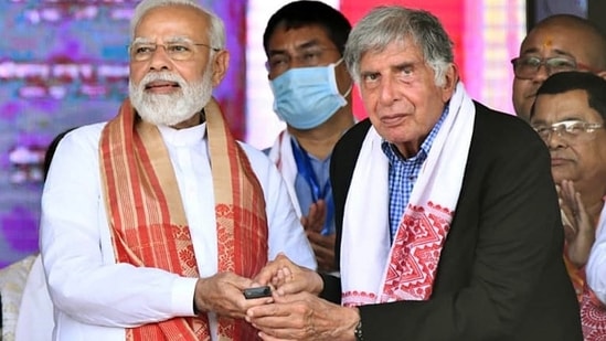 Prime Minister Narendra Modi, with Industrialist Ratan Tata, inaugurated the seven state-of-the-art and lays the foundation stone for seven new cancer hospitals in Dibrugarh. (ANI file)(ANI)