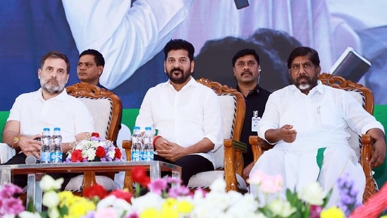 Lok Sabha LoP and Congress MP Rahul Gandhi with Telangana CM Revanth Reddy and state deputy chief minister Mallu Bhatti Vikramarka during the state-level consultations on caste census at Gandhian Ideology Centre, in Secunderabad on Tuesday. (ANI)