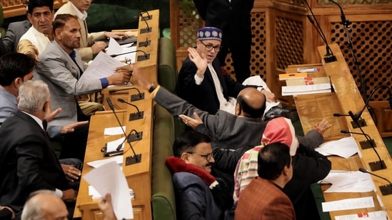 Jammu and Kashmir chief minister Omer Abdullah reacts after Dy CM Surinder Choudhary moved a resolution in the Assembly asking Centre to hold dialogue with MLAs for restoration of Article 370.(PTI) Jammu and Kashmir chief minister Omer Abdullah reacts after Dy CM Surinder Choudhary moved a resolution in the Assembly asking Centre to hold dialogue with MLAs for restoration of Article 370.(PTI)