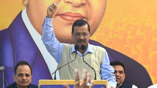 AAP National Convenor Arvind Kejriwal during the party's foundation day event, at AAP party headquarters in New Delhi.(RAJ K RAJ /HT PHOTO)