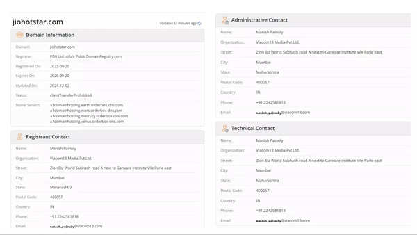 A screenshot of WHOis Jiohotstar.com records