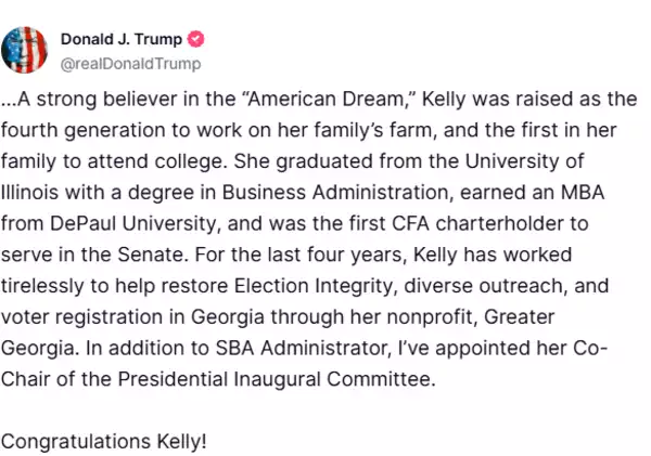 Kelly also appointed as Co-Chair of the Presidential Inaugural Committee