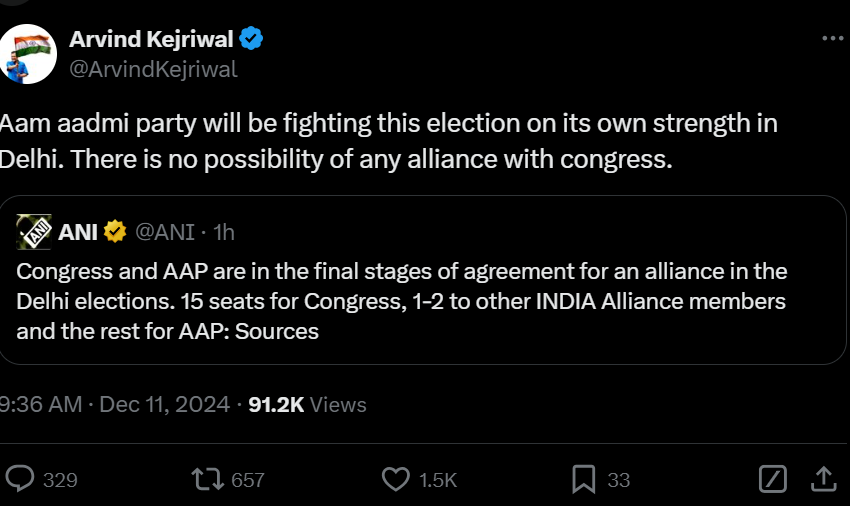 अरविंद केजरीवाल ने ट्वीट करके कांग्रेस के साथ अलायंस की अटकलों को खारिज कर दिया।