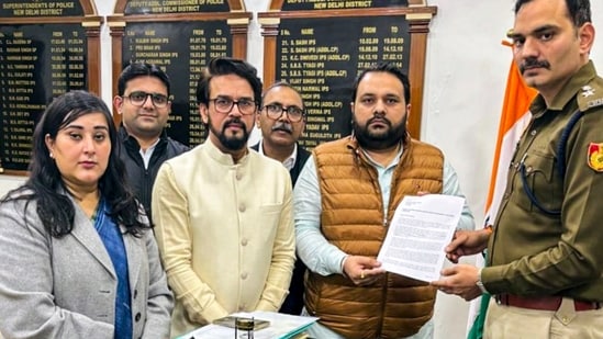 Three NDA MPs, including Anurag Thakur and Bansuri Swaraj, file a complaint at the Parliament Street Police station.(PTI)