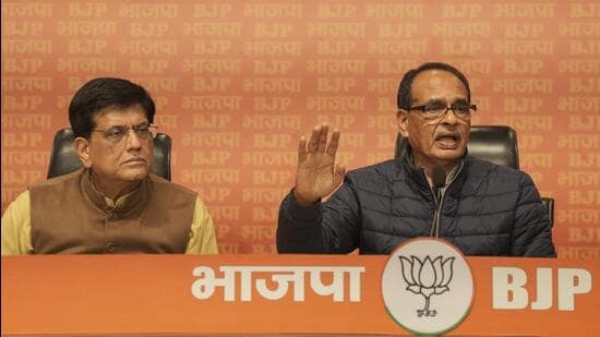 Union ministers Piyush Goyal and Shivraj Singh Chouhan address a press conference at BJP HQ in New Delhi on Thursday. (PTI Photo)