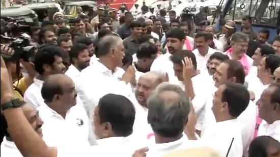 Later, the BRS MLAs were taken away by police in vehicles. (ANI screengrab)