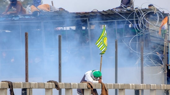 Police use teargas to disperse farmers agitating at Shambhu border (PTI)