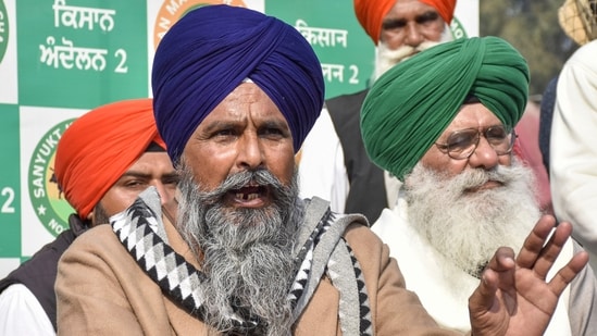 Farmer leader Sarwan Singh Pandher addresses a press conference at Shambhu border, in Patiala district, Punjab, (PTI) Farmer leader Sarwan Singh Pandher addresses a press conference at Shambhu border, in Patiala district, Punjab, (PTI)