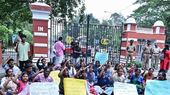 Latest news on December 29, 2024: SFI and AIDWA members protested outside Anna University over a student’s alleged assault in Chennai on Wednesday. (ANI PHOTO)