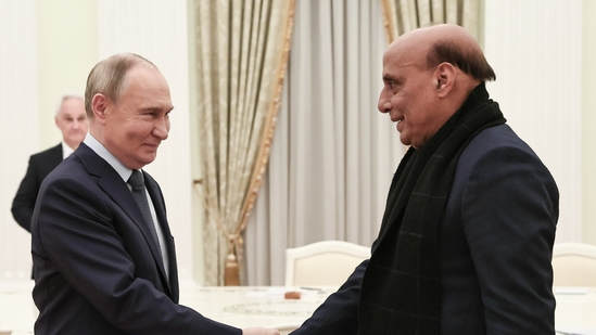 Defence Minister Rajnath Singh met Russian President Vladimir Putin in Moscow on Tuesday(X/@rajnathsingh)