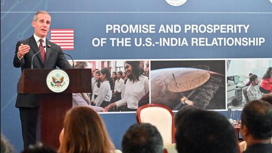 US ambassador to India Eric Garcetti addresses during a programme on 'Promise and Prosperity of the US-India Relationship' organised by the US-India Business Council in New Delhi on Thursday. (ANI) US ambassador to India Eric Garcetti addresses during a programme on 'Promise and Prosperity of the US-India Relationship' organised by the US-India Business Council in New Delhi on Thursday. (ANI)