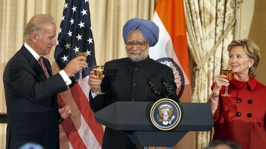 In this Nov. 25, 2009 file image, Prime Minister Manmohan Singh with Hillary Clinton and Joe Biden at a toast for 'Indo-American' friendship at a luncheon in Washington.(PTI) In this Nov. 25, 2009 file image, Prime Minister Manmohan Singh with Hillary Clinton and Joe Biden at a toast for 'Indo-American' friendship at a luncheon in Washington.(PTI)
