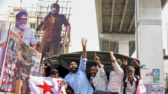 SFI and DYFI supporters being detained during a protest after the death of a woman during the premiere show of ‘Pushpa 2’, in Hyderabad on Thursday. (PTI)