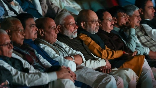 Prime Minister Narendra Modi watches The Sabarmati Report at the Balyogi Auditorium with Cabinet members (X-@narendramodi)