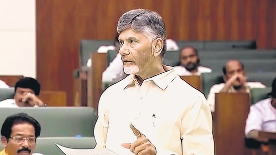 Andhra Pradesh chief minister N Chandrababu Naidu speaks in the Andhra Pradesh Legislative Assembly session, in Amaravati on Friday. (ANI)